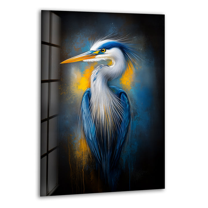 Electric Blue Heron – Auffallende Eleganz als Wanddekoration aus Glas