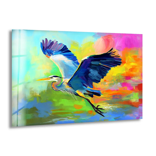 A vibrant heron takes flight across a soft, colorful sky as a striking art from glass.
