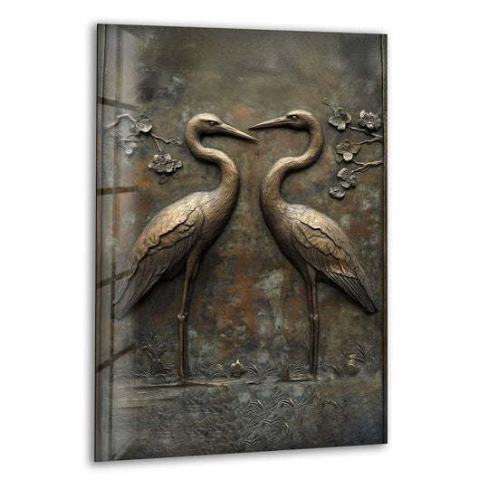 Eternal Pair – Bronze Crane Relief Glass Wall Art - MyPhotoStation