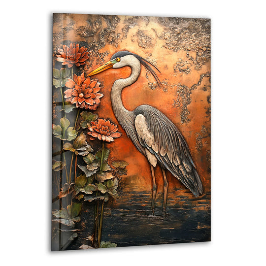 Bronze Heron with Chrysanthemums – Textured Glass Wall Art - MyPhotoStation