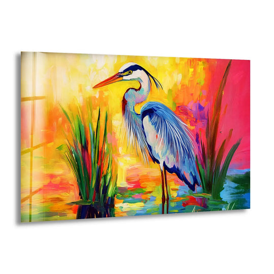 Vibrant abstract heron glass wall art decor showcasing layered strokes of vivid color and depth.