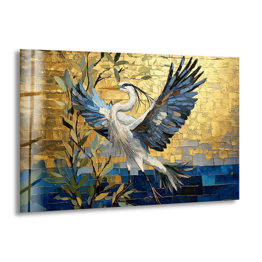 A serene heron takes flight amidst radiant golden mosaic in this breathtaking piece of best glass art.