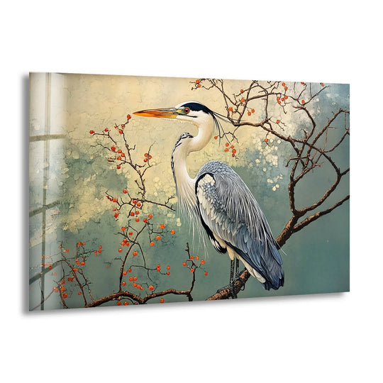 A geometric arrangement of a heron perched on a branch with red berries, presented as glass wall art home decor.