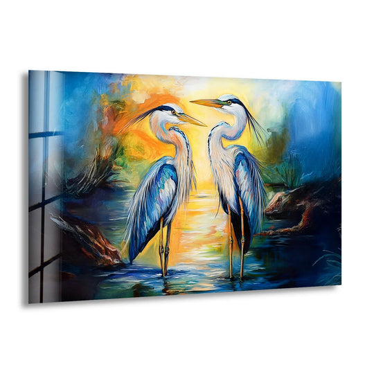 Two herons embrace amidst organic, flowing sunset colors in this striking hanging wall art.