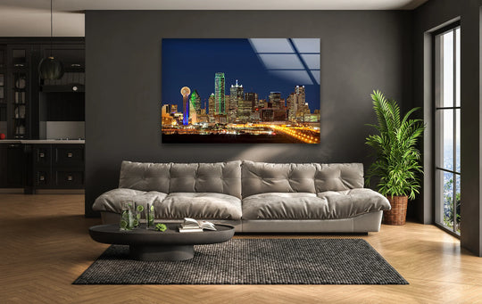 Soft, pillowed cushions accentuate this dallas skyline at night illuminated cityscape wall prints, bringing a gentle touch to the modern, stylish room.
