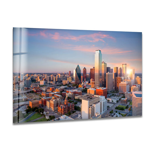 Transitioning colors illuminate the Dallas cityscape in this stunning sunset scene on glass wall art, a captivating example of best glass art.