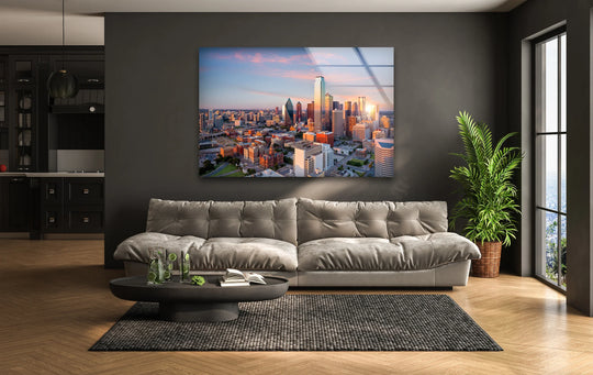 The stark negative space surrounds a Dallas skyline glass wall art, emphasizing its cityscape and adding a modern touch to the home decor.
