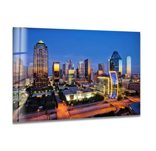 Reflecting a glossy sheen, the Dallas skyline at night is presented as a luminous glass art painting, beautifully capturing the cityscape on glass wall art.