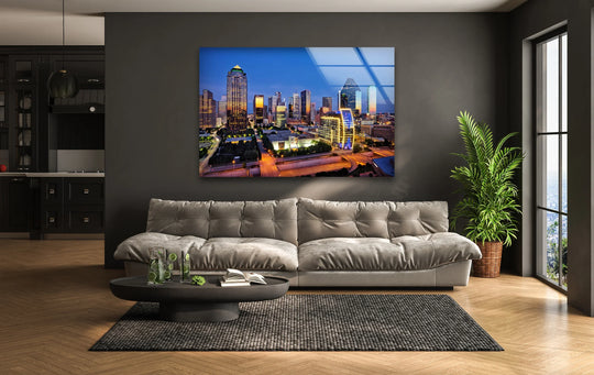 Illuminated by night, the Dallas skyline decorative wall art casts long shadows, creating a captivating interplay of light and dark across its cityscape.
