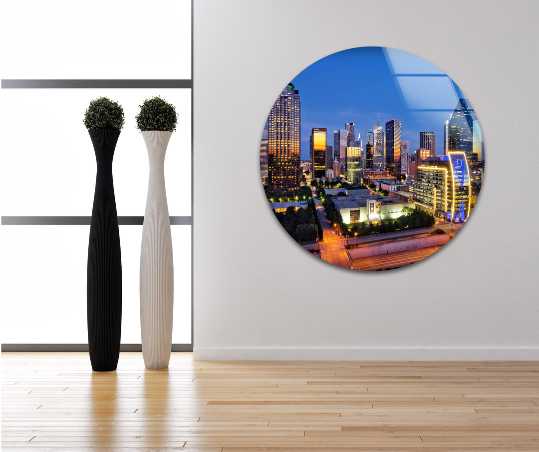Dallas Skyline Illuminated: Breathtaking City View on Glass Wall Art
