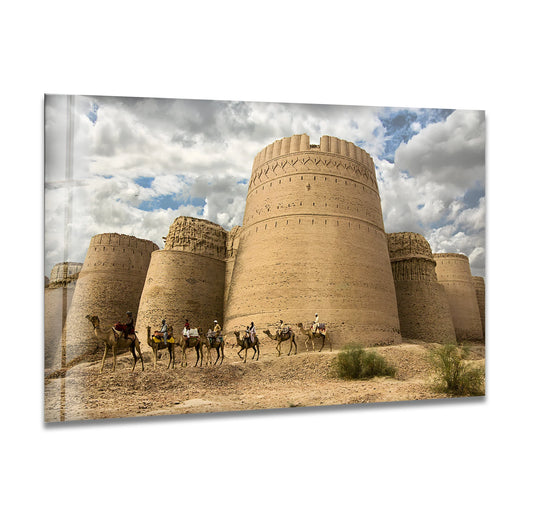 Illuminated by the desert sun, this art from glass captures the historic Derawar Fort and camel caravan, creating a stunning piece of wall art.