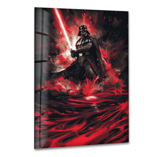 Tempered glass art painting showcases a dark red energy warrior with a textured, molten surface, giving depth to this cinematic wall art piece.