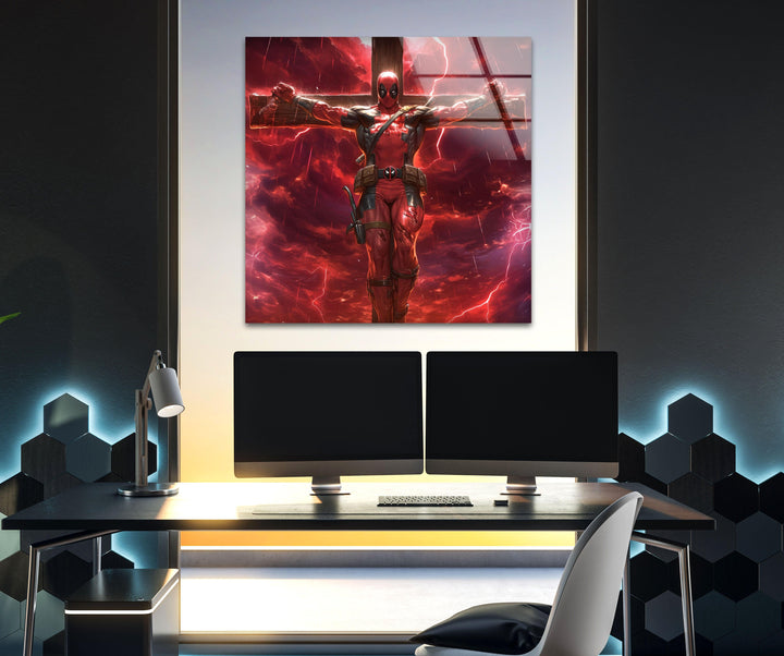 Deadpool on The Cross Red Glass Wall Art glass pictures for Wall, glass prints wall art
