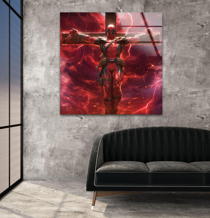Deadpool on The Cross Red Glass Wall Art glass photo prints, glass picture prints
