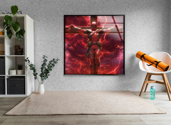 Deadpool on The Cross Red Glass Wall Art glass image printing, glass prints from photos
