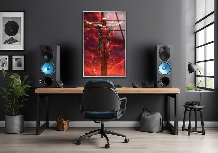 Deadpool on The Cross Red Glass Wall Art custom glass pictures, glass art prints
