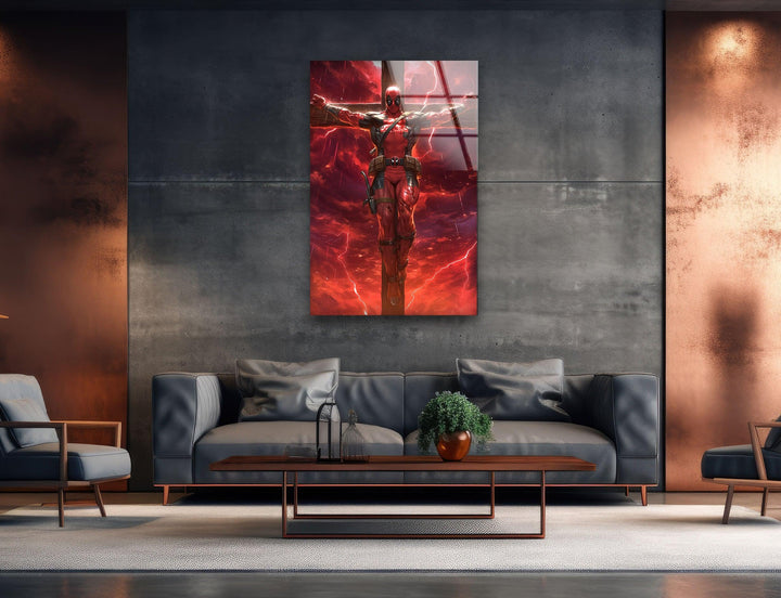 Deadpool on The Cross Red Glass Wall Art photo print on glass, prints on glass wall art
