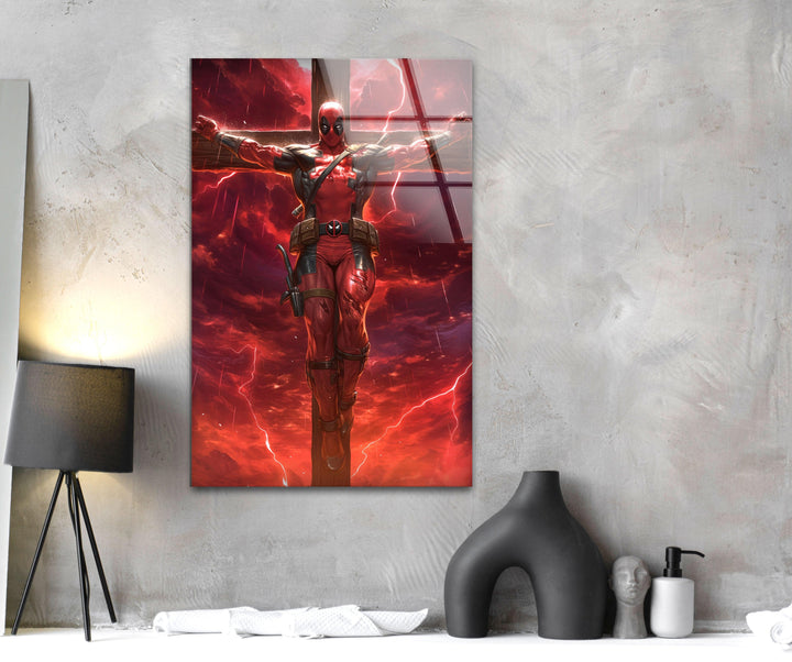 Deadpool on The Cross Red Glass Wall Art stained glass wall art, stained glass wall decor
