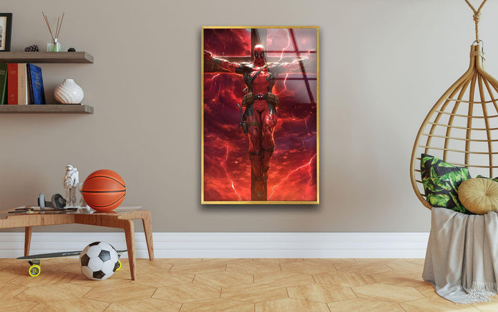 Deadpool on The Cross Red Glass Wall Art glass art painting, glass art for the Wall
