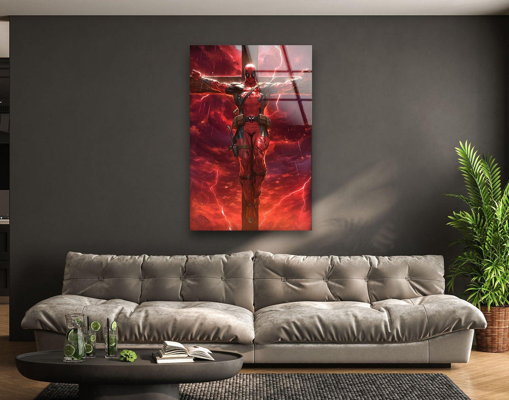 Deadpool on The Cross Red Glass Wall Art glass wall decor, glass wall art decor
