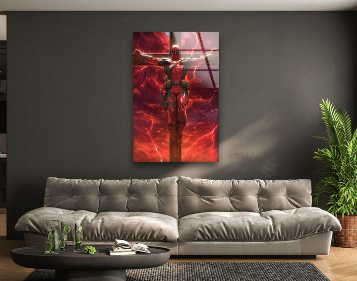 Deadpool on The Cross Red Glass Wall Art glass wall decor, glass wall art decor
