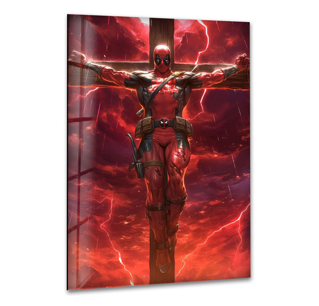 Deadpool on The Cross Red Glass Wall Art print picture on glass, Tempered Glass Wall Art
