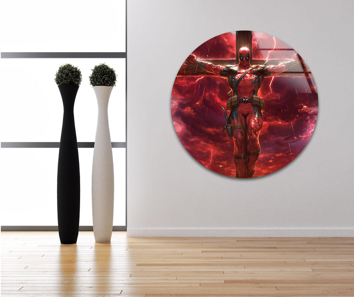 Deadpool on The Cross Red Glass Wall Art Glass Printing Wall Art, Print photos on glass
