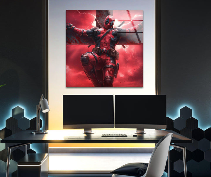 Deadpool On The Cross Glass Wall Art custom glass pictures, glass art prints
