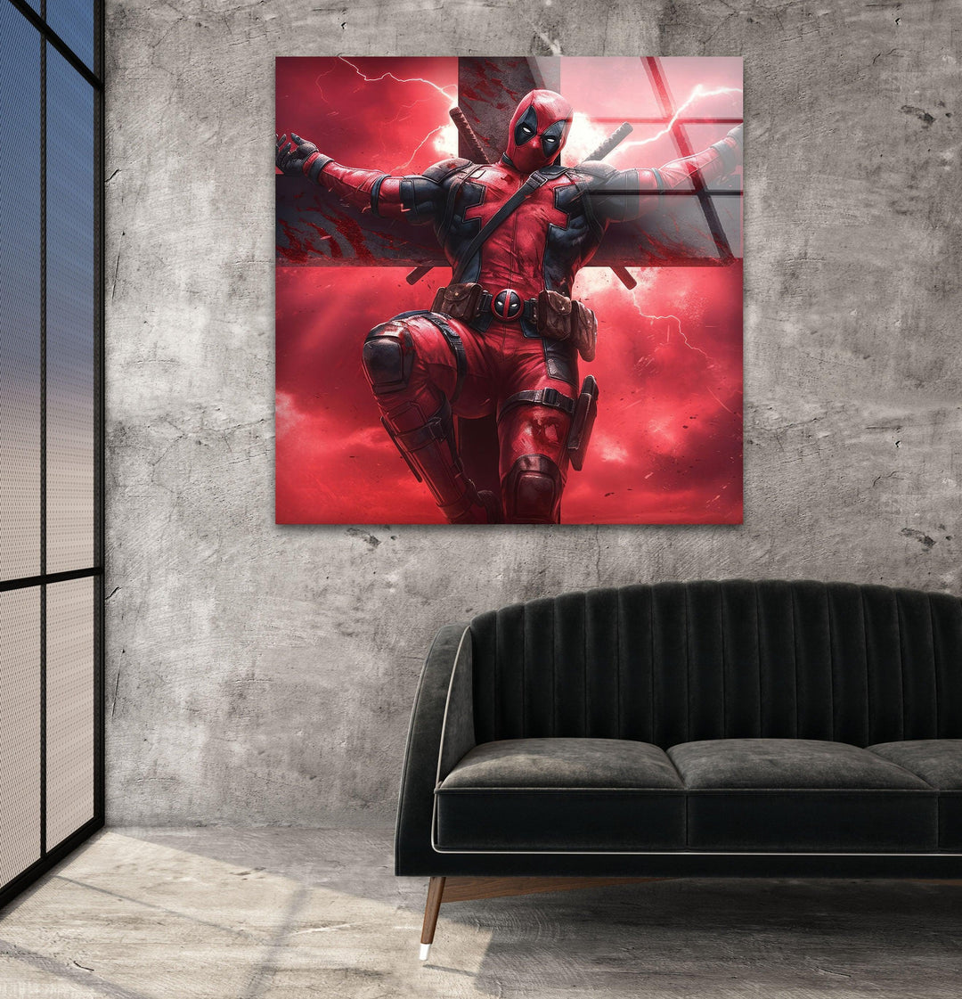 Deadpool On The Cross Glass Wall Art glass image printing, glass prints from photos
