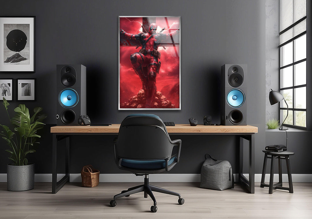Deadpool On The Cross Glass Wall Art photo print on glass, prints on glass wall art
