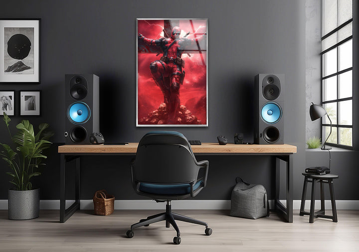 Deadpool On The Cross Glass Wall Art photo print on glass, prints on glass wall art
