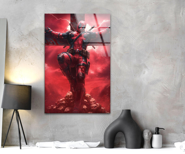 Deadpool On The Cross Glass Wall Art custom glass photo prints, large glass prints
