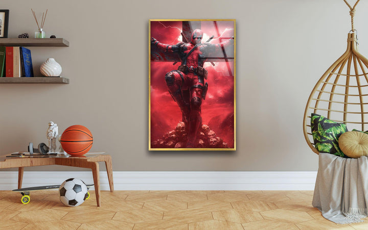 Deadpool On The Cross Glass Wall Art picture on glass wall art, photos printed on glass
