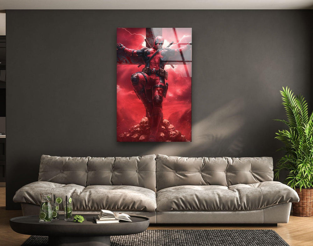 Deadpool On The Cross Glass Wall Art glass photo prints, glass picture prints
