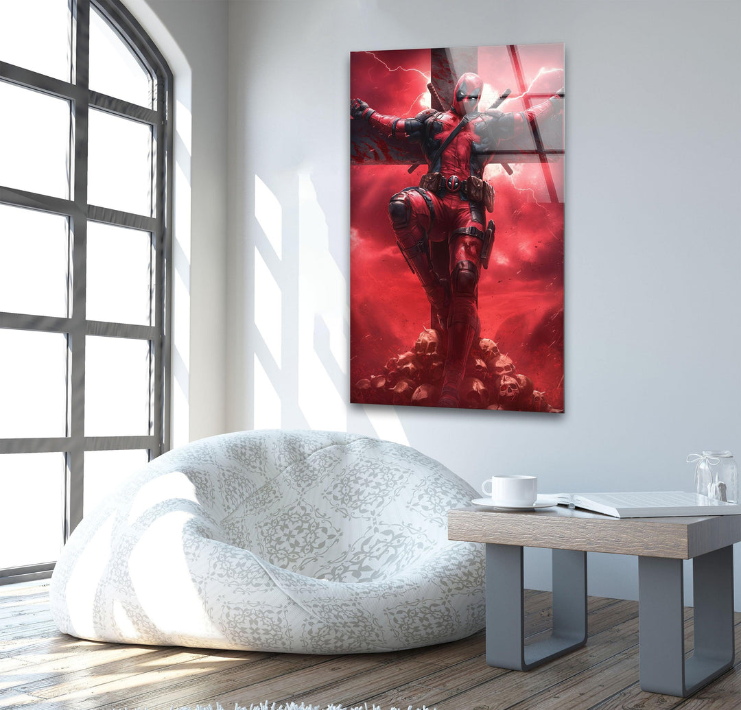Deadpool On The Cross Glass Wall Art print on glass, glass printed photos
