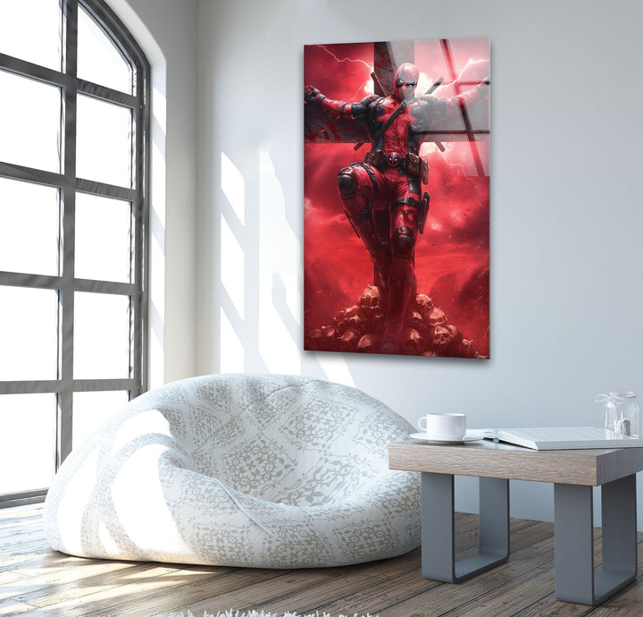 Deadpool On The Cross Glass Wall Art print on glass, glass printed photos
