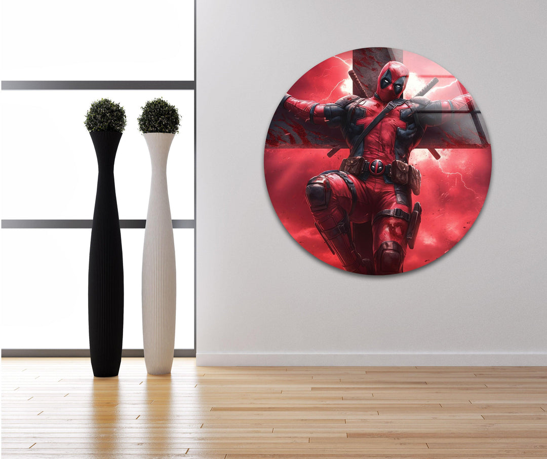 Deadpool On The Cross Glass Wall Art print picture on glass, Tempered Glass Wall Art
