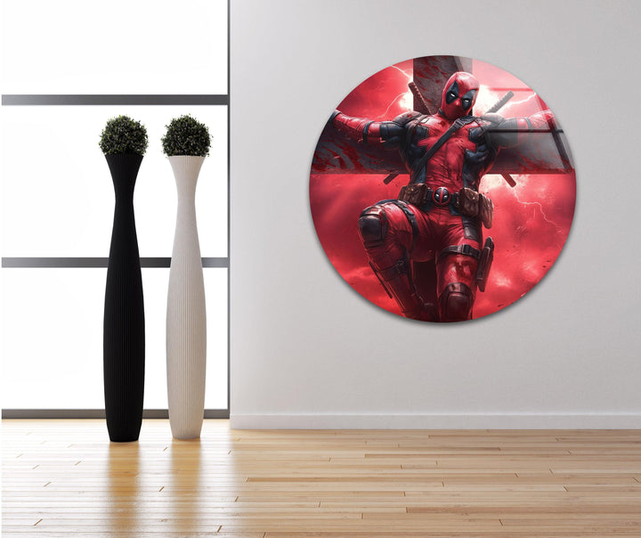 Deadpool On The Cross Glass Wall Art print picture on glass, Tempered Glass Wall Art
