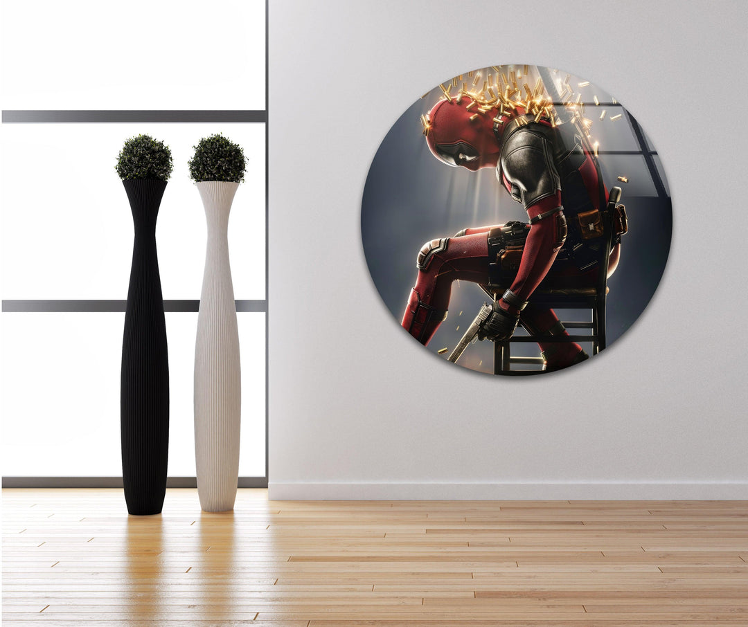 Deadpool with Bullets Glass Wall Art custom glass photo prints, large glass prints
