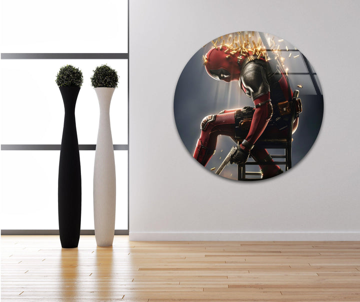 Deadpool with Bullets Glass Wall Art custom glass photo prints, large glass prints
