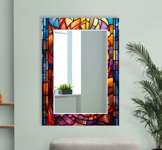 The large wall mirror features a blue and orange stained glass mirror design and offers versatile glass wall art pictures and stylish glass art for the wall for home decor