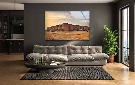The calming, neutral mood is reflected in this Fortress of Derawar glass wall art, a captivating piece of hanging wall art featuring the desert landmark.