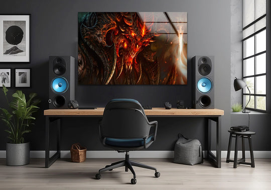Stillness in the fiery dragon face is captured in this molten glow glass wall art decor, a dramatic statement piece for a bold, modern gaming room.