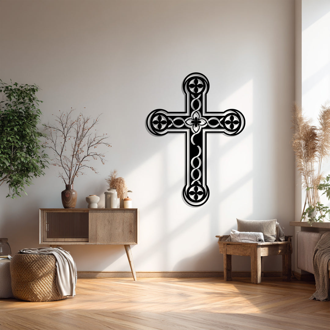زهرة أبدية – صليب زهري أسود فن جداري معدني