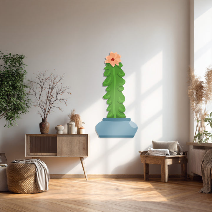 Sleek, matte finish of the unique metal wall art depicting a stylized column cactus in a light blue pot adds a modern, botanical touch to the room's décor.