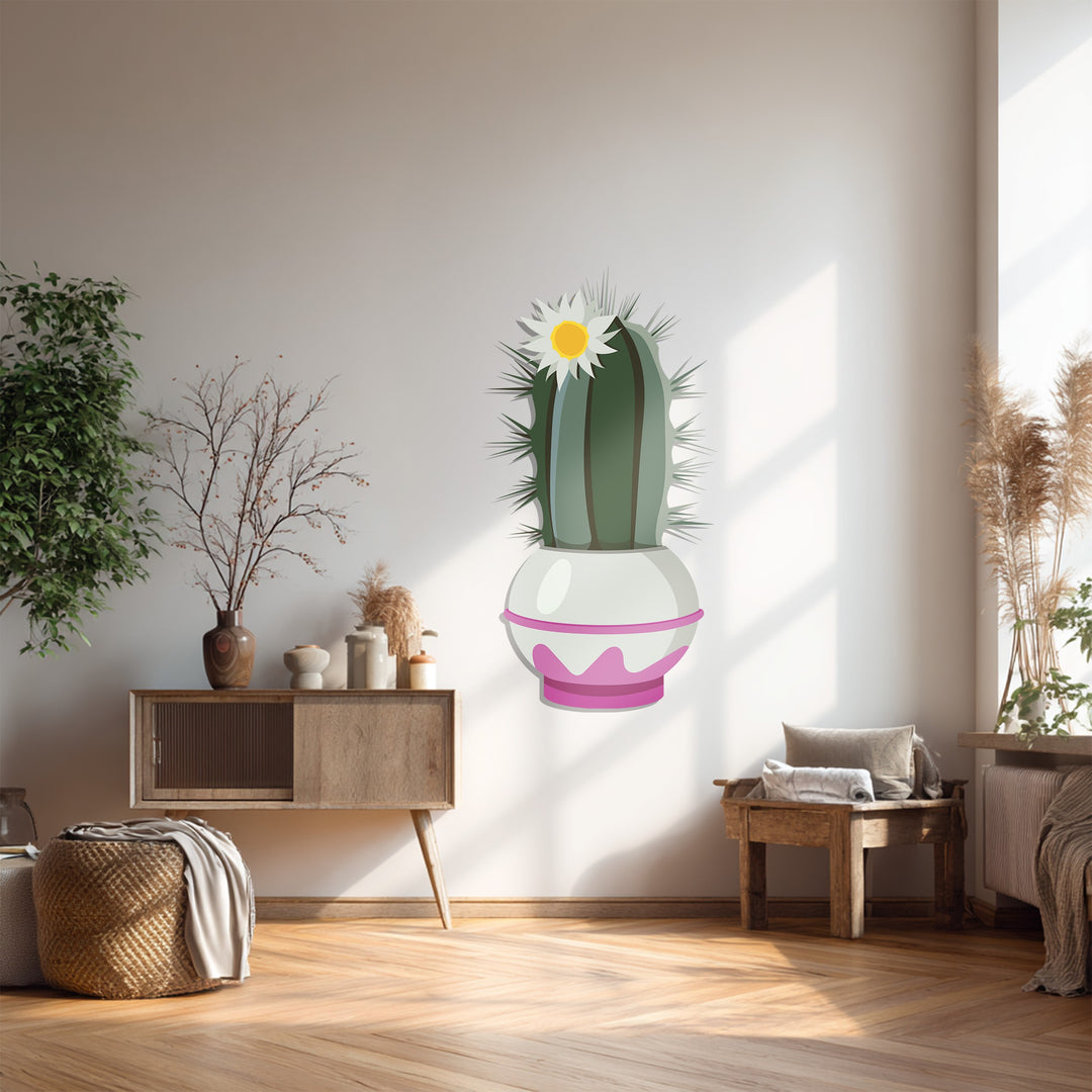 Foreground floorboards gleam with a natural luster beneath the modern botanical metal artwork depicting a blossoming cactus, part of a chic metal artwork collection.