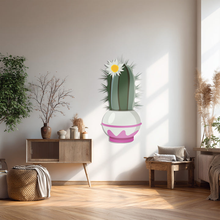 Foreground floorboards gleam with a natural luster beneath the modern botanical metal artwork depicting a blossoming cactus, part of a chic metal artwork collection.