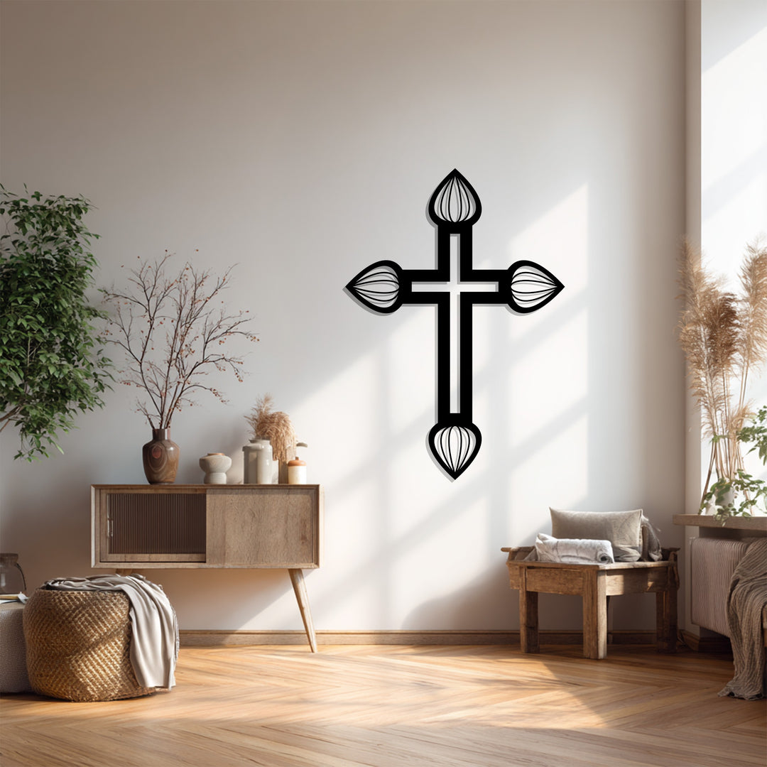 زهرة مقدسة – صليب بتلات فضية فن جداري معدني