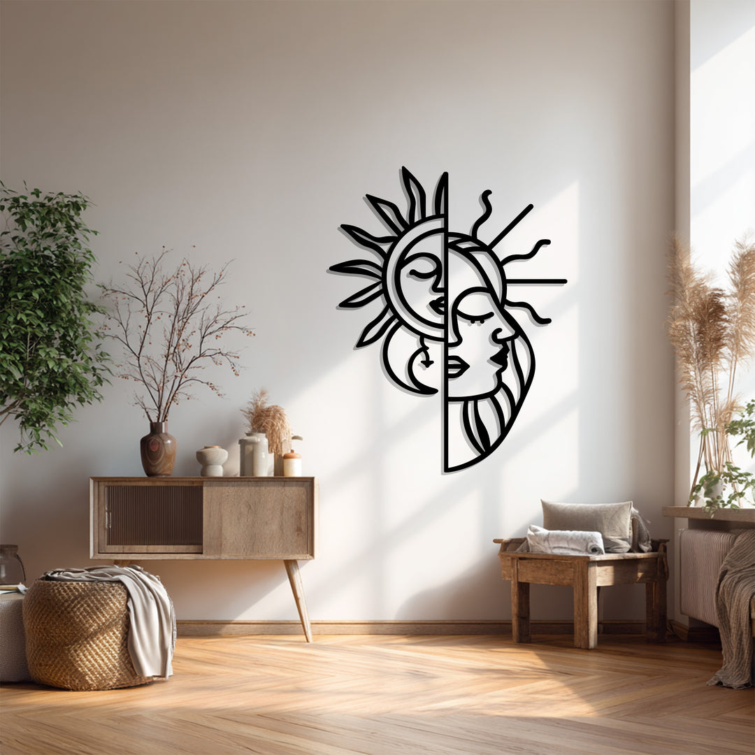 Celestial Harmony – Sun and Moon Face Metal Wall Art