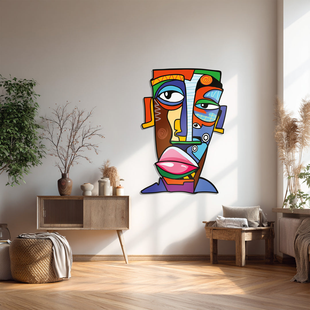 Colorful Abstract Face Metal Wall Art – Modern Cubist Décor